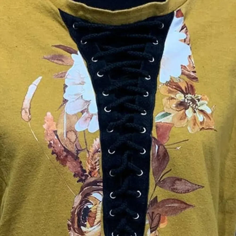 Hand Printed Upcycled Large Fall Leaves Floral Harvest Lace Up Short Sleeve Tee - Picture 2 of 4